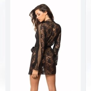 Lace and Mesh Robe with Satin Waist Tie in Black, Size 2XL